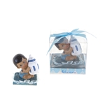 Mega Favors - Ethnic Baby Sitting on Pillow Holding Bottle Poly Resin in Gift Box - Blue
