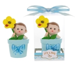 Mega Favors - Baby Holding Sunflower inside Flower Pot Poly Resin in Gift Box - Blue