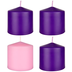 Mega Candles - 4 pcs 3” x 3” Unscented Advent Dome Top Pillar Candle - Asst